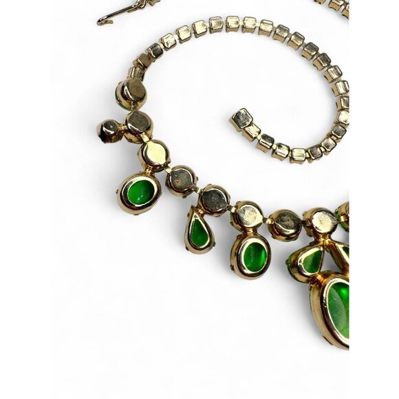 Vintage Green Jelly Glass Cab Necklace Rhinestones UV Glow Uranium Glass 40s 50s - Picture 4 of 7